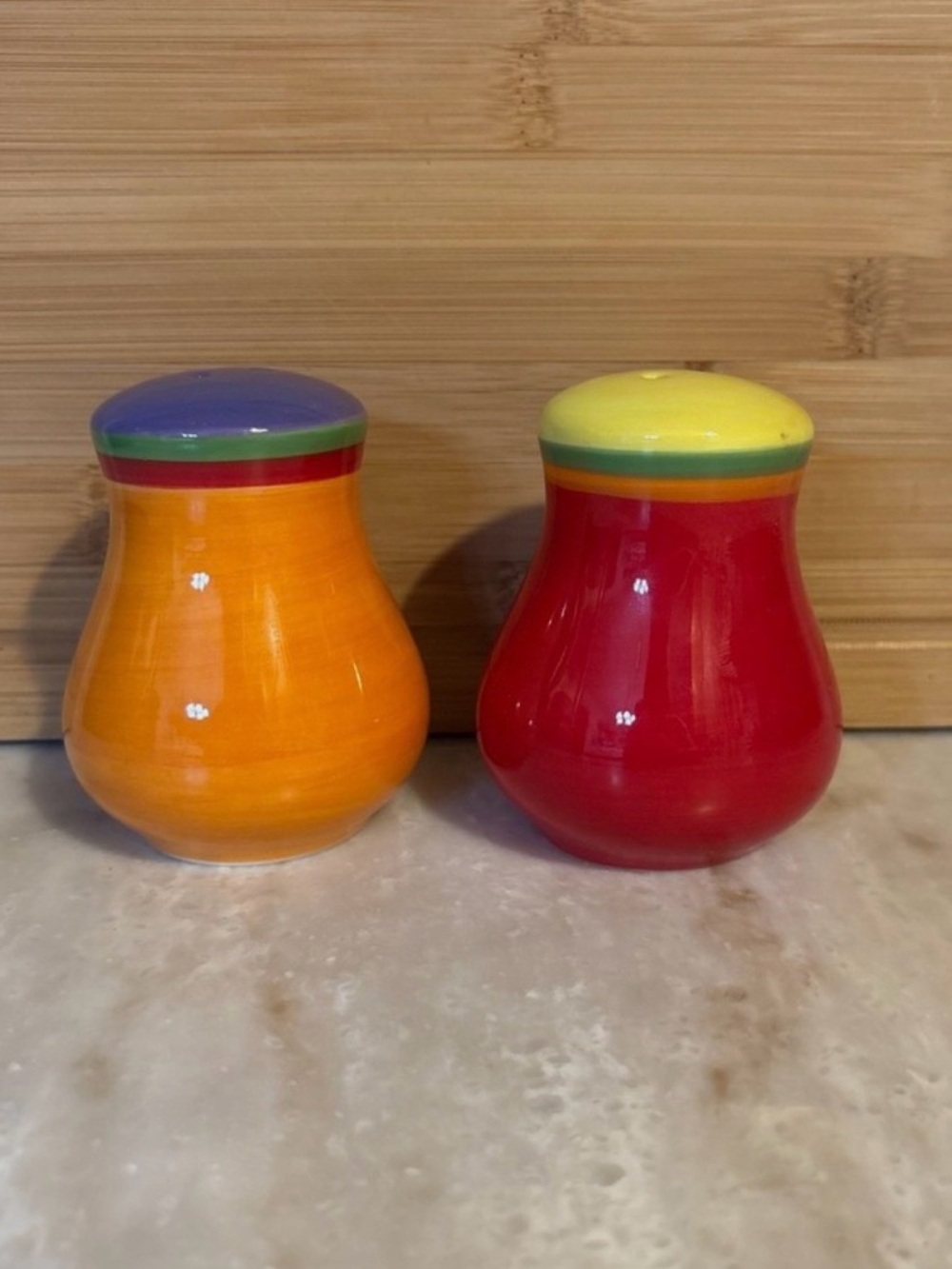 DANSK Caribe Aruba Salt & Pepper Shakers Hand Painted Ceramic Colorful